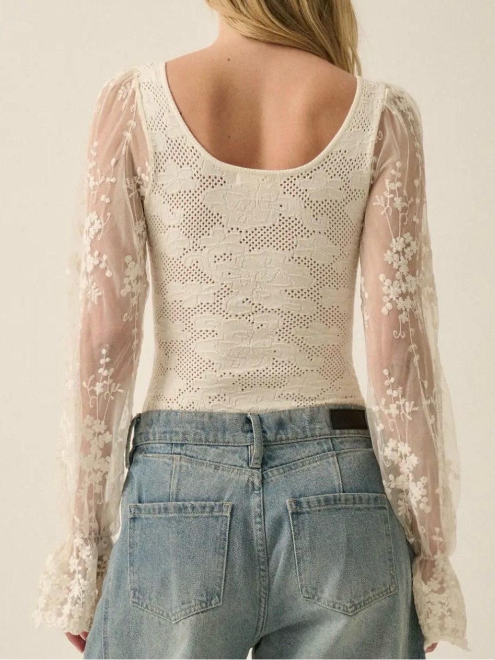 NWT Promesa Pointelle Knit Lace Ribbed Boho Bodysuit Top Blouse Ivory - Picture 10 of 12